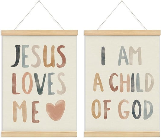 Christian Jesus Nursery Wall Art Decor, Christian Jesus Kids Wall Art Decor, Boho God Decorations For Baby Girls Boys Room Bedroom Bathroom Classroom Church Wood Posters Framed 12X16 In Set Of 2