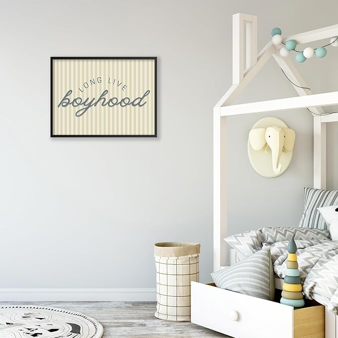 Long Live Boyhood Quote Wall Art Preppy Blue Stripe Poster 24x36 inch Black Framed Modern Fashion Minimalist Canvas Prints for Boy Nursery Bedroom Wall Decor