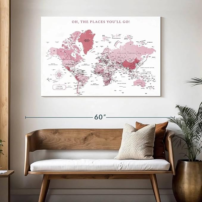 ElephantStock - Places You'll Go Push Pin World Map Wall Art - Horizontal Canvas Wall Art - Living Room Wall Decor - Digital Art Map Canvas Art - White And Pink Decor - 48" x 32"