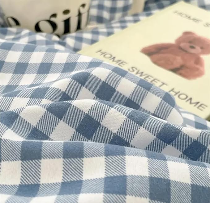 Gingham Duvet Cover Queen Size Blue Striped Bedding Set 3Pcs Kids Boys Girls Geometric Stripes Grid Lattice Soft Breathable Microfiber Comforter Cover with 2 Pillowcases