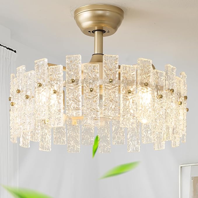 20" Gold Fandelier Ceiling Fan with Lights, Gold Crystal Chandelier Ceiling Fans with Light Remote Control, Modern Caged 6-Speed for Bedroom, Living Room, Nursery