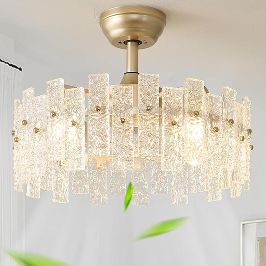 20" Gold Fandelier Ceiling Fan with Lights, Gold Crystal Chandelier Ceiling Fans with Light Remote Control, Modern Caged 6-Speed for Bedroom, Living Room, Nursery