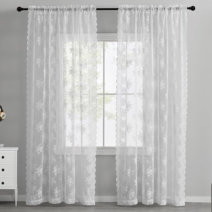 Kotile 80 Inch White Lace Curtains 2 Panels Set, Country Rustic Floral Pattern Vintage Lace Sheer Curtains 80 Inches Long for Bedroom Rod Pocket Privacy Light Filtering Sheer Window Drapes, 42x80 Inch