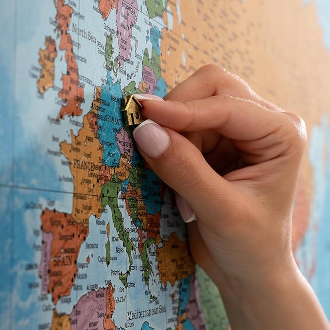 Canvas World Map with Cork Pin Board - English Lettering - Decorative Wall Decoration for All Rooms - Canvas Pictures with World Map Motif (150x100 cm, Pattern 21)