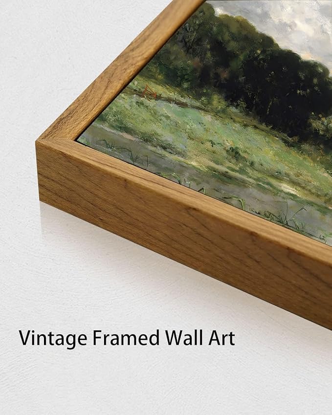 OIQArtOIQ Framed Vintage Landscape Wall Art Lake Natural Scenery Oil Painting Canvas Prints Country Farmhouse Decor Aesthetic Pictures for Kitchen Bedroom Living Room Bathroom