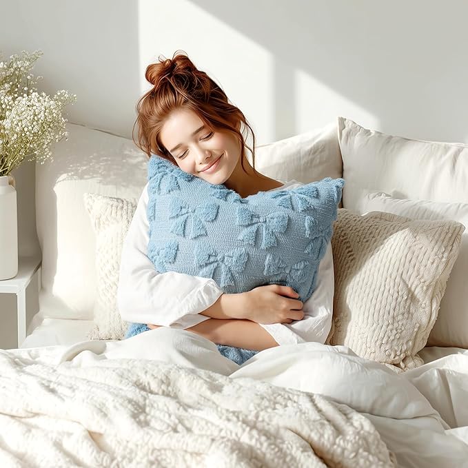 MIULEE Blue Bow Pillow Covers Coquette Room Decor Aesthetic Set of 2 Decorative Cute Girl Throw Pillow Soft Plush Faux Pillowcase for Girl Bed Couch Sofa,20x20 Inch