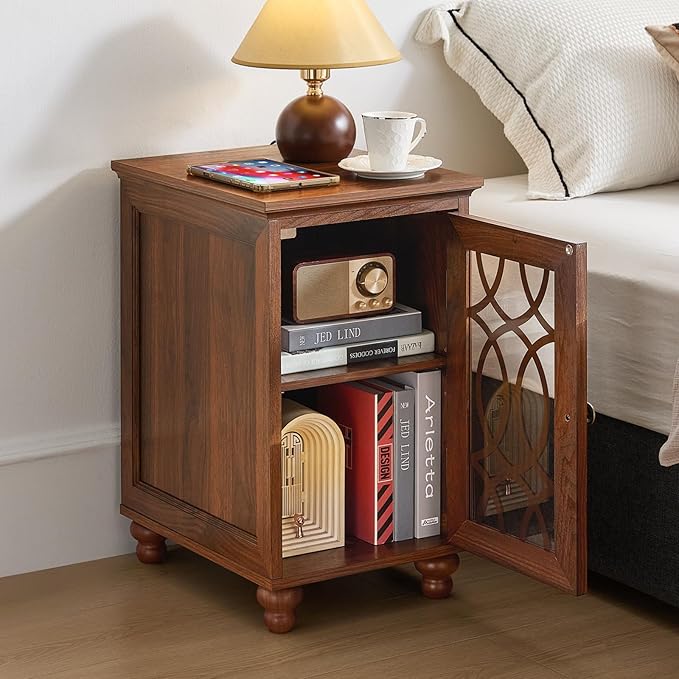 Narrow Side Table with Glass Door, 18 x 14'' Night Stand with Adjustable Shelf Storage Cabinet Organizer, Bedside End Tables Wood Nightstand for Small Spaces Living Room Bedroom