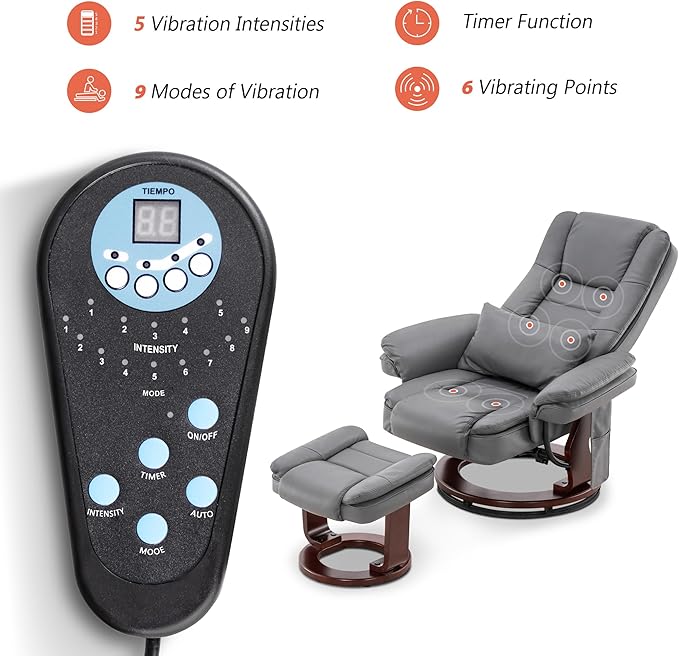 MCombo Swivel Recliner with Ottoman Chair, TV Chair Sets with Vibration Massage, for Small Space Living Room Bedroom 9096 9099 (Faux Leather, Grey)