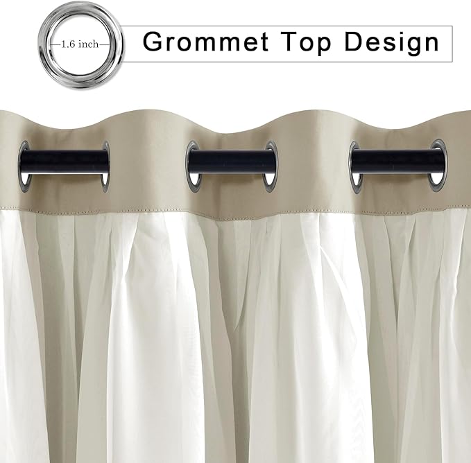 Hiasan Double Layer Blackout Curtains with Sheer Overlay, Mix & Match Thermal Insulated Grommet Room Darkening Curtains for Bedroom, Living Room, 2 Window Panels with Tiebacks, Taupe, 52W X 108L
