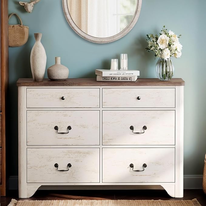 WAMPAT Baby Dresser with 6 Drawers for Bedroom, 47.2“ Wide Farmhouse Dresser with Large Drawers for Bedroom, Living Room, Hallway, White