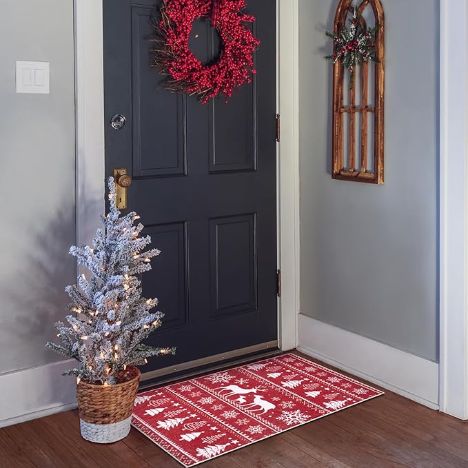 2x3 Machine Washable Christmas Area Rug, Non-Slip Small Christmas Entryway Rug for Front Door, Low Pile Indoor Door Mat for Entryway, Bedroom, Dining Room & Kitchen(2x3 Elk)