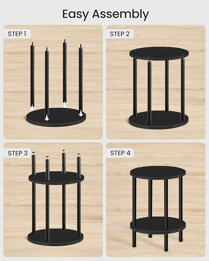 Side Table Set of 2, 2-Tier Round End Table, Small Nightstand with Sturdy Metal Tube, Industrial Coffee Table, for Living Room, Bedroom, Black TBZ01P2BB