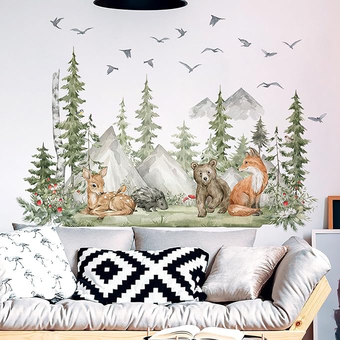 4 Sheet of 36x12 inch Mountain Forest Wall Decal Woodland Bear Fox Deer Peel and Stick Wallpaper for Kids Boys Bedroom Nursery Playroom Large DIY Watercolor Animal Tree Mural Wall Art Decor