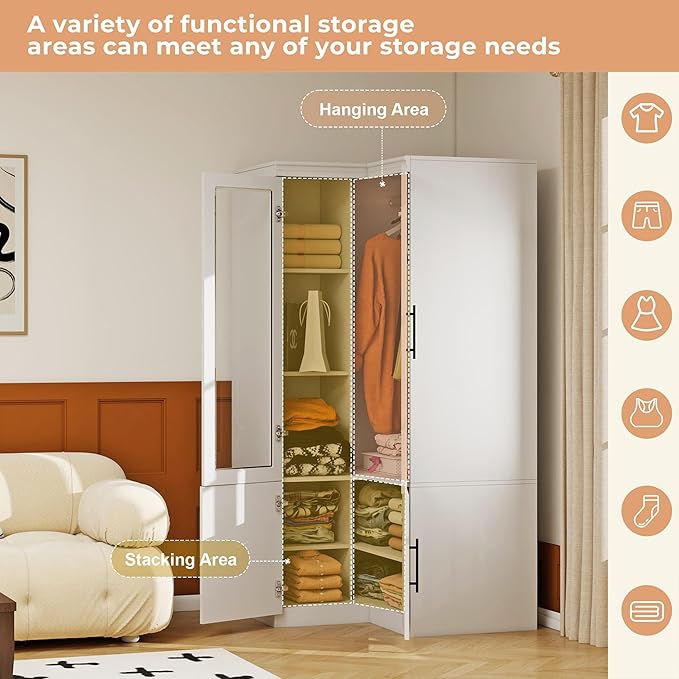 Corner Armoire Wardrobe Closet with Glass Door, Wood Wardrobe Closet Cabinet Bedroom Armoire with Hanging Rods for Home/Bedroom/Living Room White-53