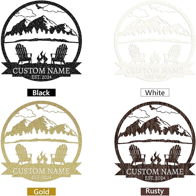 Personalized Camping Signs | Custom Metal Family Name Sign | Mountain Campfire Sign | Metal Mountain Wall Art | Custom Signs Outdoor Metal | Black Metal Wall Art | Cabin Decor