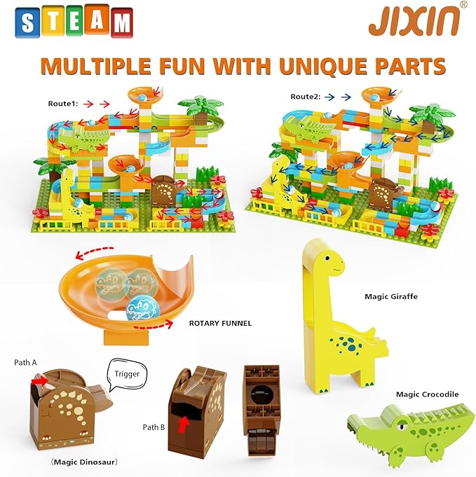 JIXIn Dinosaur Marble Runs for Kids 4-8 Building Blocks 187Pcs Compatible with Lego DUPLOS for Age 2-5 - Marble Run for Kids Ages 3-5 - Montessori Toys - STEM Toys - Fun Dinosaur Toys for Kid Ages 3+