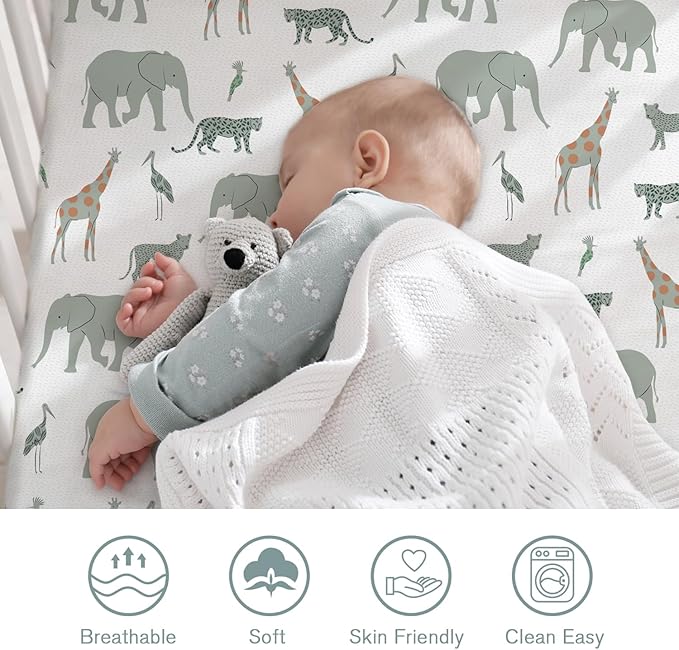 Little Grape Land Crib Sheets 4 Pack for Boys and Girls, Baby Neutral Crib Fitted Sheets for Standard Crib & Toddler Mattress, Super Soft Breathable Fitted Crib Sheet Set, Safari & Squirrel