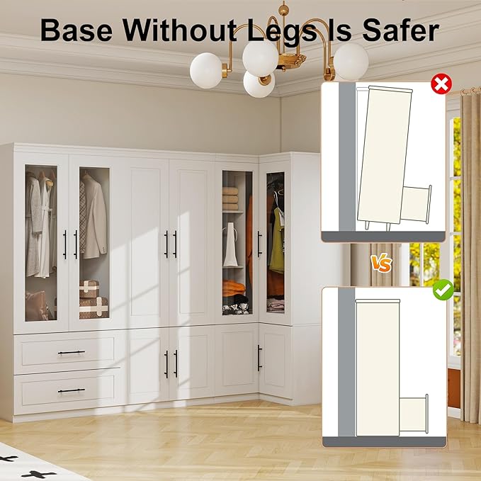 White Armoire Wardrobe Closet with 4 Drawer: Glass Door Wood Wardrobe Closet Wooden Combination Corner Cabinet Bedroom Armoire with Hanging Rods for Home/Bedroom/Living Room