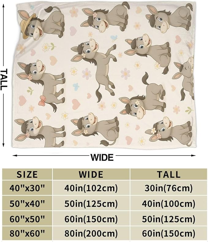 Cute Donkey Throw Blanket Funny Animal Donkey Blanket Soft Cozy Fleece Fuzzy Plush Warm Stuff Bedding Nursery Toddler Baby Blankets Gifts for Boys Girls Kids Adult Men Women 50"X60"