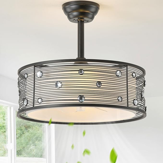 20" Black Fandelier Ceiling Fan with Light, Chandelier Ceiling Fans with Lights Remote Control, Caged with 6 Speeds for Bedroom, Living Room, Nursery