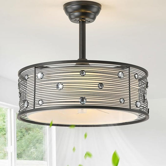 20" Black Fandelier Ceiling Fan with Light, Chandelier Ceiling Fans with Lights Remote Control, Caged with 6 Speeds for Bedroom, Living Room, Nursery