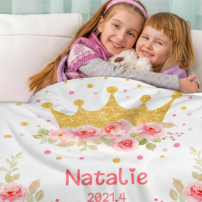 Personalized Baby Blanket, Custom Baby Blankets with Name for Girls, Personalized Baby Girl Gifts for Christmas Birthday Easter, Customized Baby Blanket for Kids Toddler New Mom Newborn (White)