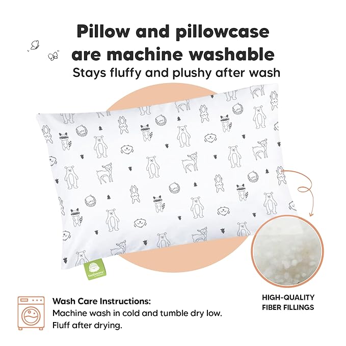 Toddler Pillow with Pillowcase - 13x18 My Little Dreamy Kids Travel Bed Pillows for Sleeping, Organic Cotton Small Pillowcase, Soft & Breathable, Machine Washable, Toddlers 2-5 years old (KeaFriends)