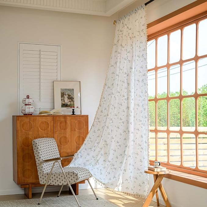 OYX Boho Curtains 63 Inch Length 2 Panels for Living Room, Bedroom Light Filtering Drapes, Farmhouse Vintage Country French Rustic Tassels Pattern Rod Pocket Aesthetic Decor Window Treatments