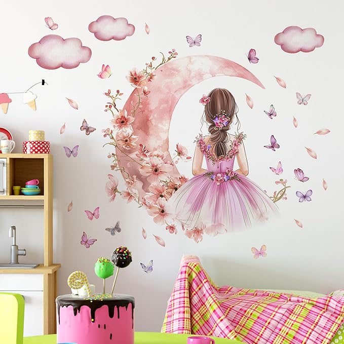 2 Sheets Pink Butterfly Girl Wall Decal - Removable DIY Moon Cloud Wall Decal Vinyl Pink Flower Princess Room Art for Girls Baby Nursery Bedroom Living Room Bathroom Classroom Decoration