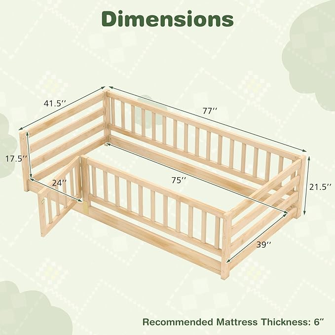KOMFOTT Twin Size Wood Floor Bed with Door & 21.5” Fence, Montessori Bed Frame with Full Length Safety Guardrails, Door & Latch, Wooden Montessori Floor Bed for Kids, Girls, Boys