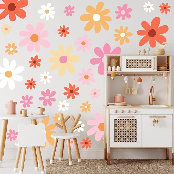TaoBary 12 Sheets Daisy Wall Decal Flower Wall Sticker Cute Daisy Sticker Pink White Flower Decal Peel and Stick Floral Wallpaper for Nursery Bedroom Home Decor(Orange,Lovely Style)