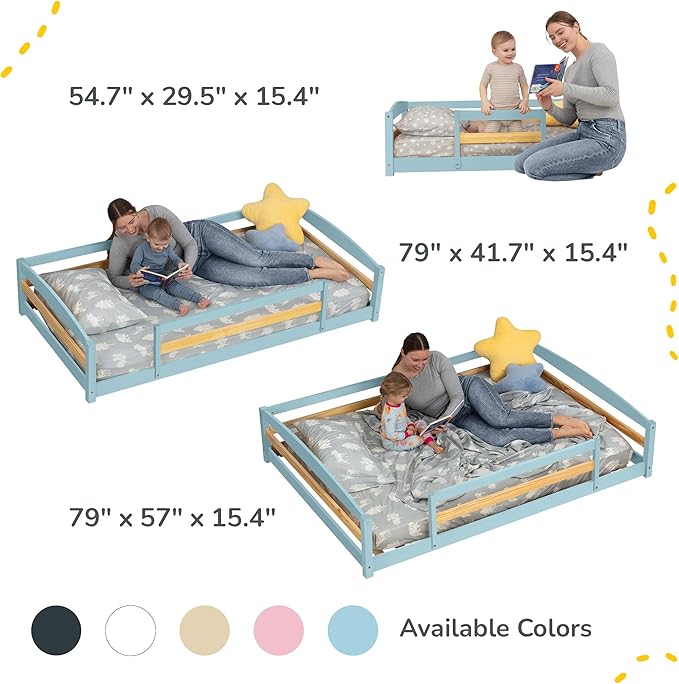 Ocodile Toddler Bed with Rails | Low Montessori Floor Bed Frame for Kids | Standard Crib Size Wooden Frame for Independent Toddlers 1-3 - Varnished