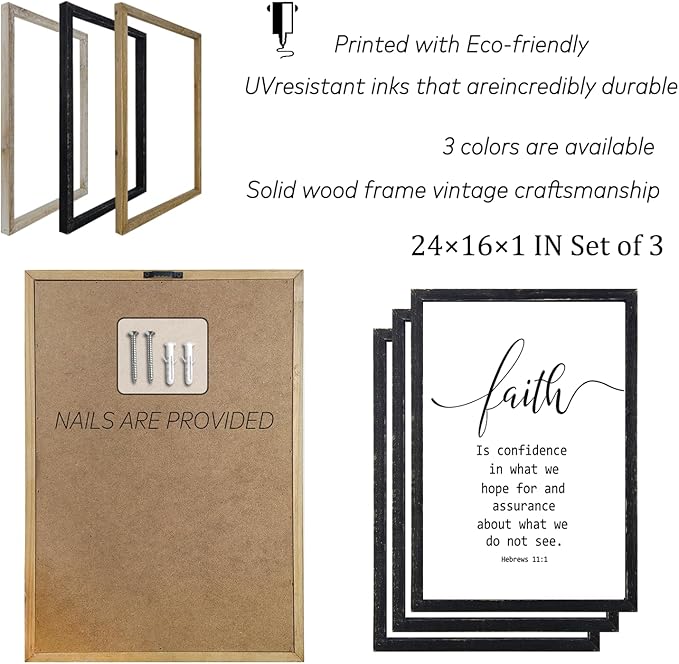 Faith Hope and Love Bible Verses Wall Decor Sign 16x24 Inch Wood Framed Set of 3 Farmhouse Living Room Christian Faith Scripture Art Inspirational Religious Quote Love Wall Hanging (Black)