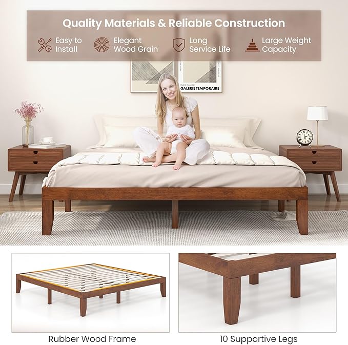 KOMFOTT 14 Inches Wood Platform Bed Frame King Size, Wooden Mattress Foundation with Rubber Wood Frame, Strong Wooden Slat Support, No Box Spring Needed, Bed Frame (Brown Cherry)