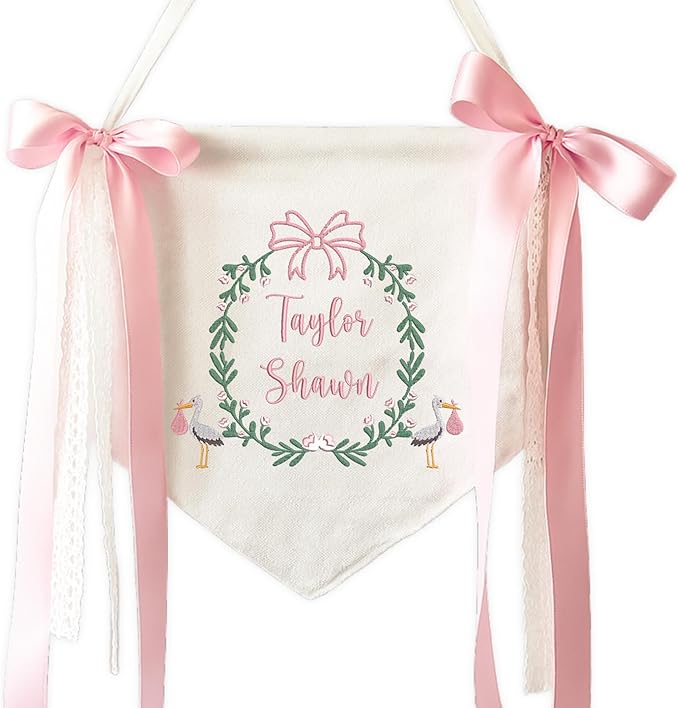 Embroidered Baby Name Sign Personalized Baby Announcement Sign Newborn Baby Banner with Bows Baby Hospital Name Sign Canvas Hanging Pennant Flag Custom Infant Baby Name Baby Shower Banner (12)