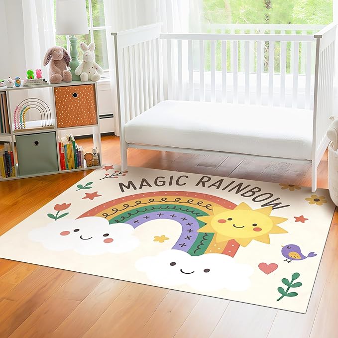 Rainbow Sun Pattern Soft Girls Area Rug for Kids Room Washable Artificial Wool Bedroom Living Room, Funny Carpet Non-Slip Outdoor Indoor Floor Carpet Home Decor, 5'x7'