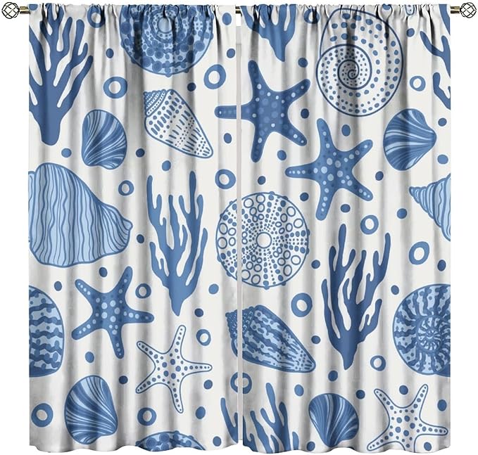 Coastal Nautical Curtains,Coral Starfish Seashell Beach Sea Starfish Seashell Theme Pattern Blackout Print Bedroom Living Room Window Treatmen 5 Panel Set 63x72 Inch