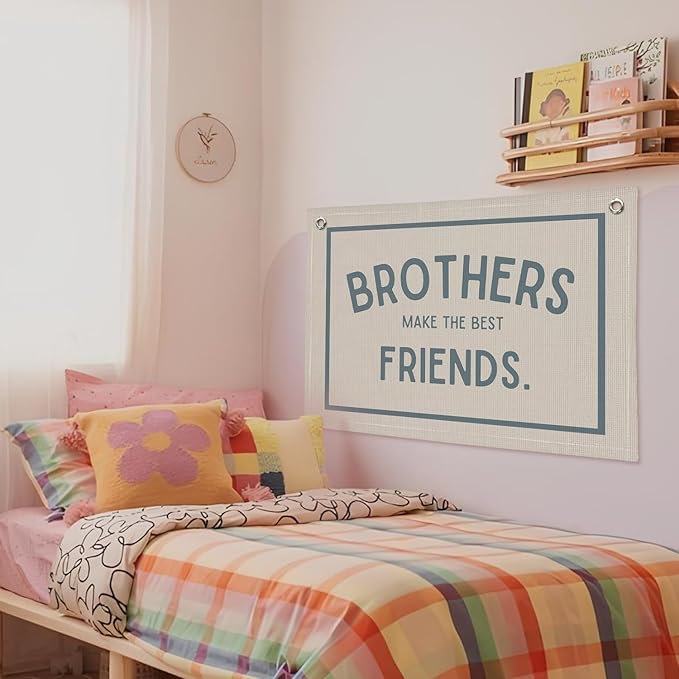 Brothers Make The Best Friends Banner, Boys Room Decor, Toddler Boy Room Decor, Linen Banner Wall Hanging Banner Flag Decor for Nursery Playroom 20x30