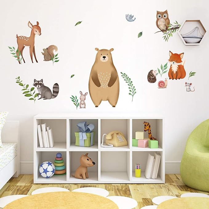 decalmile Large Woodland Animals Leaf Wall Decals Bear Fox Deer Wall Stickers Baby Nursery Kids Bedroom Classroom Wall Decor