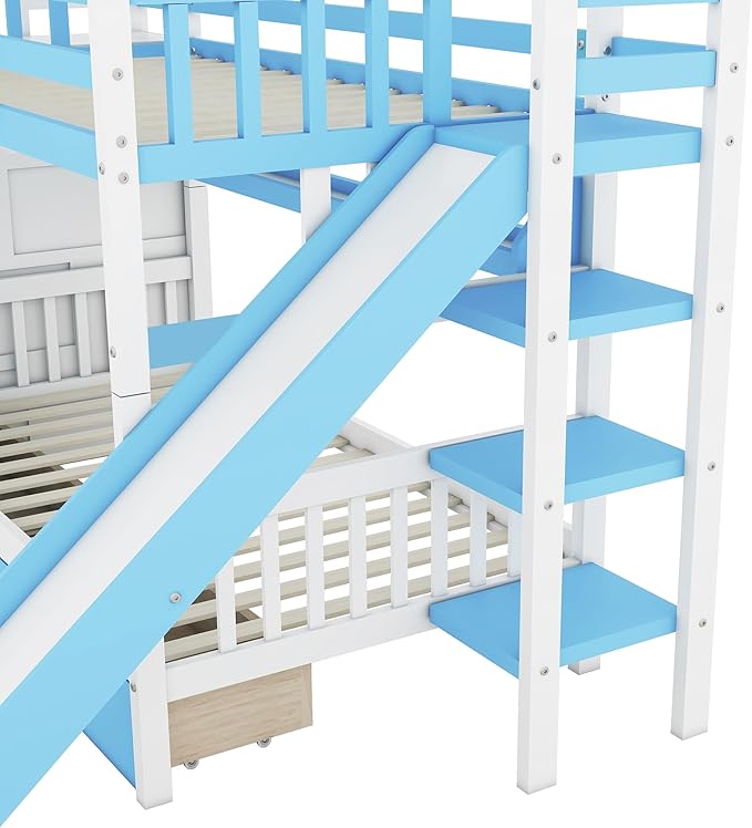 Twin-Over-Twin Castle Style Bunk Bed with 2 Drawers and 3 Shelves, Wooden Bunk Bed Frame and Storage Staircase