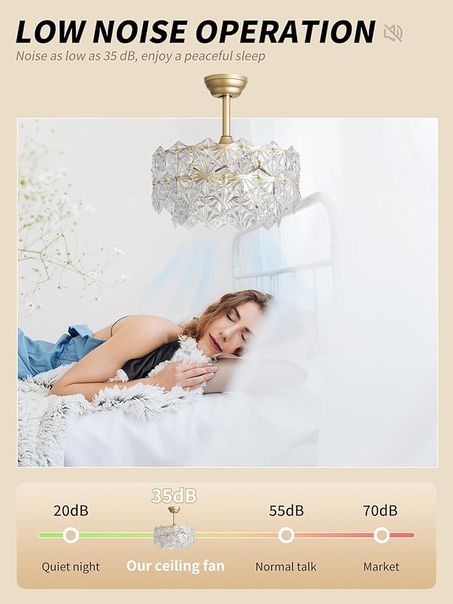 20" Gold Crystal Fandelier Ceiling Fan with Light, Mid-Century Chandelier Ceiling Fan with Light Remote Control, 6 Speeds for Bedroom, Nursery, Living Room