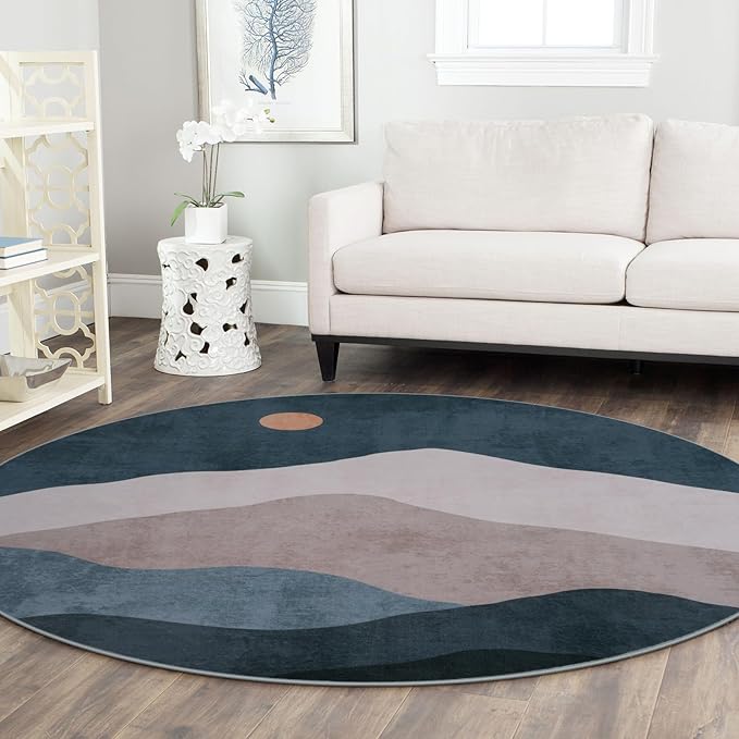6ft Abstract Round Rugs for Bedroom,Soft Washable Non-Slip Large Circle Rug,Chic Faux Wool Mountain Low-Pile Carpets for Kidsroom/Nursery/Living Room/Classroom(Blue)