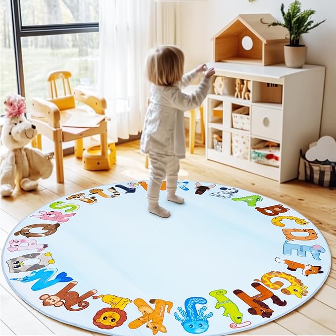 Kids Rugs for Playroom, 4'x4' Round Educational Rug for Learn The ABC Alphabet, Soft Machine Washable Non-Slip Cute Animal Carpet for Classroom Toddler Nursery Kids Room Decor Mat, Blue