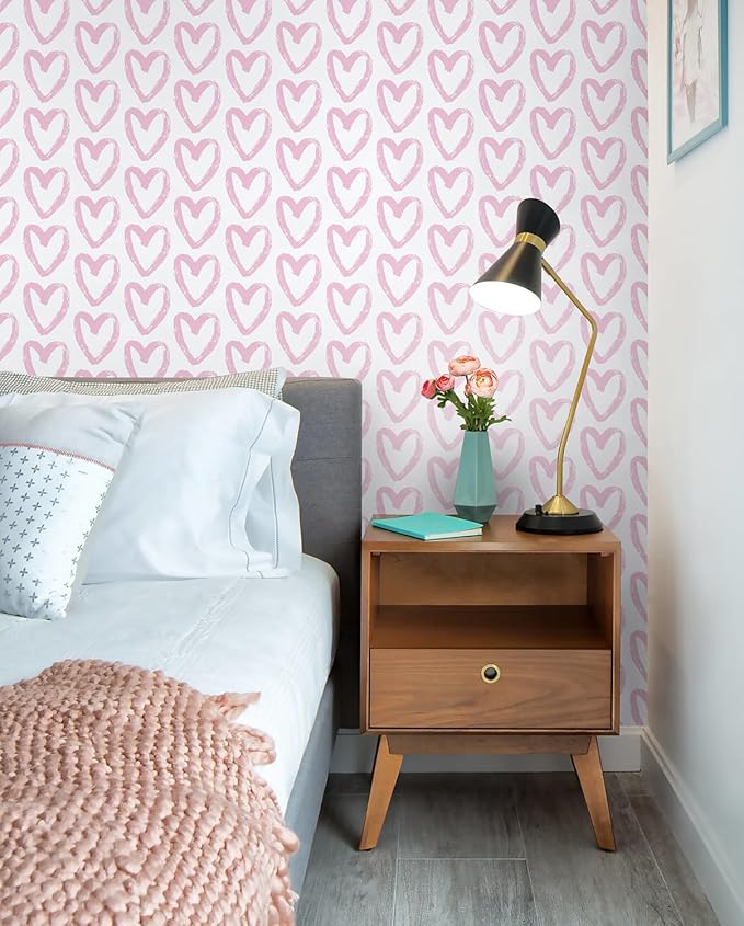 Timeet 17.7In x 196.8In Pink Wallpaper Heart Wall Paper Peel and Stick Modern Self Adhesive Removable Contact Paper Cabinets Wallpaper for Bedroom Kids Room Eco-Friendly Wallpapers