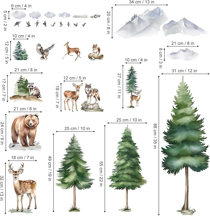 wondever Large Mountain Tree Wall Stickers Pine Tree Woodland Animal Deer Bear Peel and Stick Wall Art Decals for Kids Room Baby Nursery Bedroom