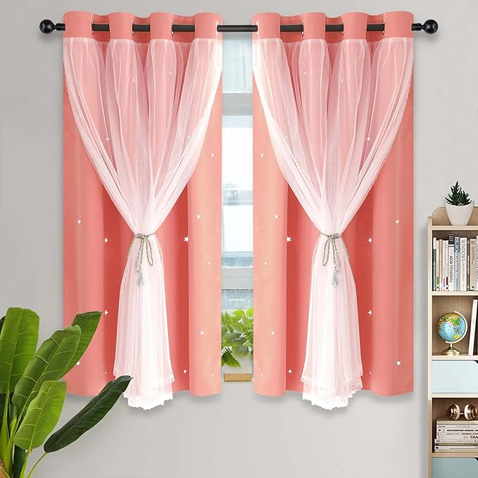 Kinryb Princess Curtains for Girls Bedroom with Sheer Overlay,Double Layer Curtain for Living Room with Star Cutout, Curtains for Kids Room (52 W*63 L Inches,2 Pcs Coral)