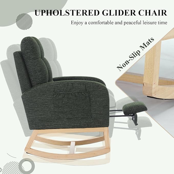 Nursery Rocking Chair, Polyester Upholstered Glider Chair with Footrest, Comfy Rocker Chair, Accent Chair with High Backrest, Glider Rocker, Armchair for Living Room (Dark Green Linen)