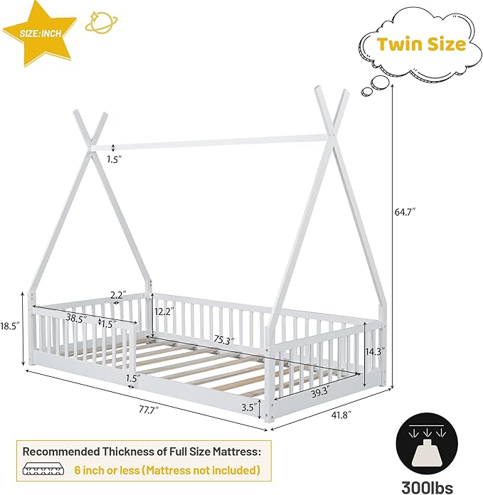 Twin House Bed with Fence Rails, Wood Montessori Floor Bed with Slats Support, Twin Size Teepee Tent Beds Kids Bed Frames for Girls Boys,White