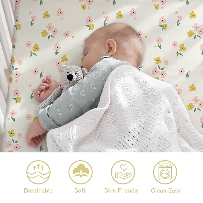 Little Grape Land Crib Sheets 2 Pack for Boys and Girls, Baby Neutral Crib Fitted Sheets for Standard Crib & Toddler Mattress, Super Soft Breathable Fitted Crib Sheet Set, Yellow Petal