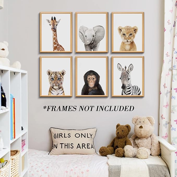 Set of 6 Baby Safari Nursery Wall Decor - Picture Cute Animal Wall Prints on Canvas, under 20 dollars gifts for Baby Boys and Girls Room, UNFRAMED Wall Art(12 x 16 inch)